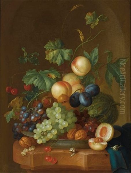 A Still Life With Peaches, Grapes, Plums, A Melon, Cherries, Wallnuts, Chestnuts On A Wan-li Porcelain Plate, Together With Two Snails On A Marble Ledge, Draped With A Blue Cloth - view 1