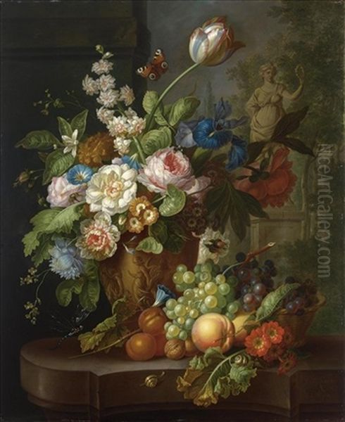 A Still Life With Pink Roses, Small Morning Glory, Irisses, A Hyacinth, A Poppy Anemone... - view 1