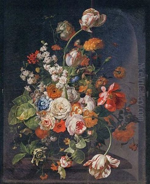 Tulips, Peonies, Poppies, Roses, Hyacinths, Marigolds, Auricolae, A Cornflower, A Passion Flower, African Marigolds And Other Flowers In A Glass Vase On A Stone Ledge - view 1