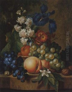 Still Life Of Grapes, Peaches, Walnuts, Irises And Other Flowers On A Stone Ledge