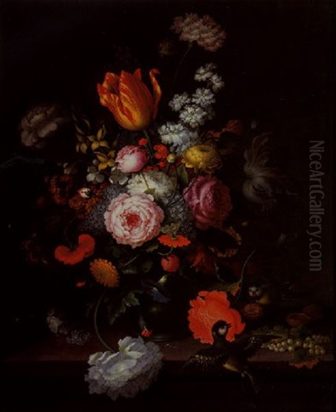 A Still Life Of Flowers In A Vase Beside Walnuts And Berries On A Ledge With Two Tits - view 1
