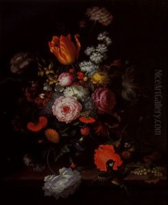 A Still Life Of Flowers In A Vase Beside Walnuts And Berries On A Ledge With Two Tits