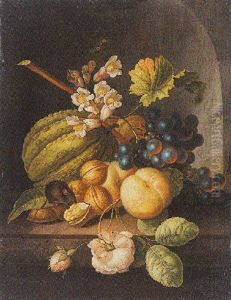 A Still Life Of A Melon, Peaches, Grapes, Walnuts, A Rose And Other Flowers With A Mouse, All In A Stone Niche by Johannes Christianus Roedig