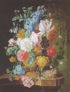 Roses, Lilies, Carnations And Other Flowers In An Urn, A Wasp, Moth, Bee And A Bird's Nest On A Marble Ledge by Johannes Christianus Roedig