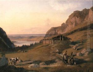 Huntsman And His Wife Resting Before A Chalet, Salzkammergut, Austria by Jakob Roedler