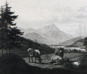 Weidende Kuhe Und Ziegen Im Gebirgstal by Jakob Roedler