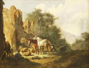 Shepherds With Sheep, Goats And Horses By Castle Ruins by Adolphe Eugene Gabriel Roehn