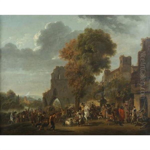 A Market Scene With A Passing Troop Of Soldiers - view 1