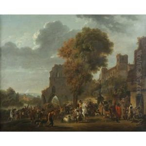 A Market Scene With A Passing Troop Of Soldiers