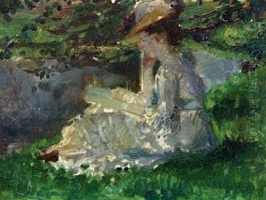 Lezende Jonge Vrouw Aan Rand Van Meertje by Otto Willem Albertus Roelofs