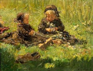 Veldbloemen (twee Kinderen In 't Gras) by Otto Willem Albertus Roelofs