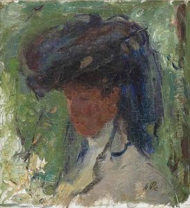 Portrait Of A Lady With A Blue Hat by Otto Willem Albertus Roelofs