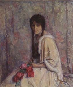 A Girl Holding Flowers by Otto Willem Albertus Roelofs