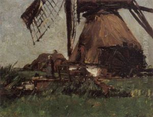 A Peasant Woman Near A Mill In A Polder Landscape by Otto Willem Albertus Roelofs