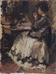 An Elegant Lady At A Writing Desk (tjieke Roelofs?) by Otto Willem Albertus Roelofs