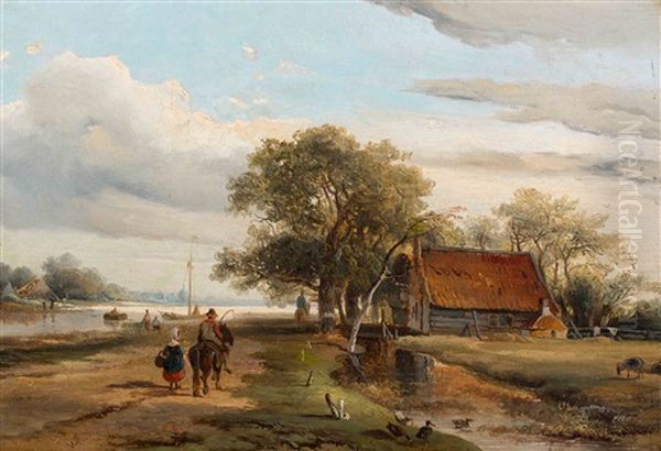 Figures On A Country Road Near A Farm By The Water - view 1