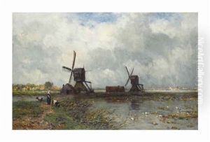 Windmills In A Dutch Polder Landscape by Willem Roelofs