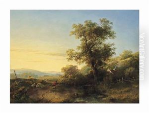 A Sheperd Near A Stream In A Sunlit Landscape