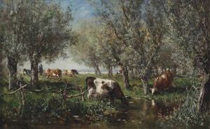 Cows Grazing In The Wetlands by Willem Roelofs