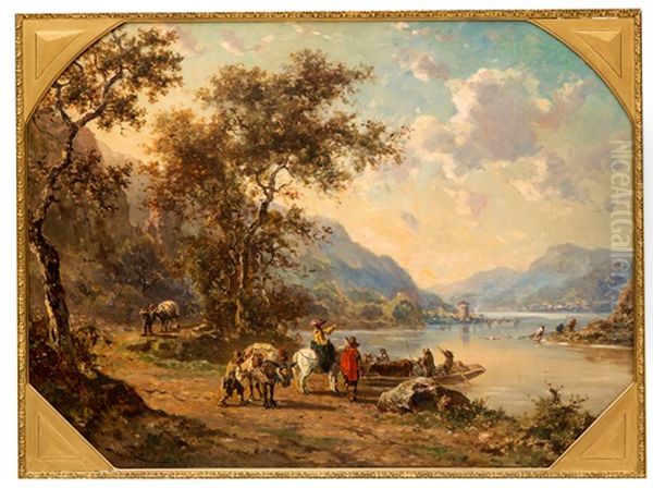 Rijnlandschap Met Figuren En Vee Bij Veerpontje - view 1