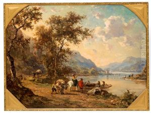 Rijnlandschap Met Figuren En Vee Bij Veerpontje