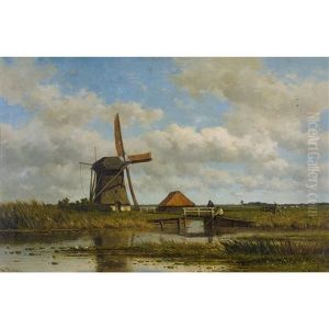 Weite Landschaft Mit Windmuhle Und Anglern by Willem Roelofs