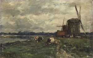 A Polder Landscape With Cows And Windmills