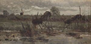 A Polder Landscape With Duck Baskets, Noorden by Willem Roelofs