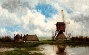 Polderlandschap Met Twee Molens, Boerderij En Hooimijt by Willem Roelofs