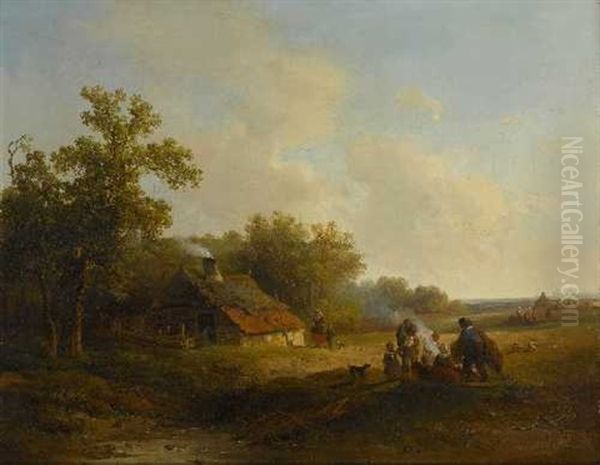Erntelandschaft Mit Bauern Am Kartoffelfeuer - view 1