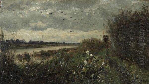Paysage Aquatique Avec Moulin A Vent Au Bord De La Rive Et Oiseaux En Plein Air - view 1