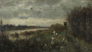 Paysage Aquatique Avec Moulin A Vent Au Bord De La Rive Et Oiseaux En Plein Air by Willem Roelofs