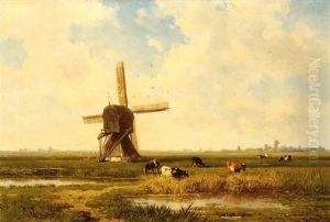 Cows By A Mill In A Polder Landscape by Willem Roelofs