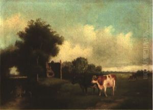 Zwei Rinder Neben Einem Bauernhaus In Weiter Landschaft by Willem Roelofs