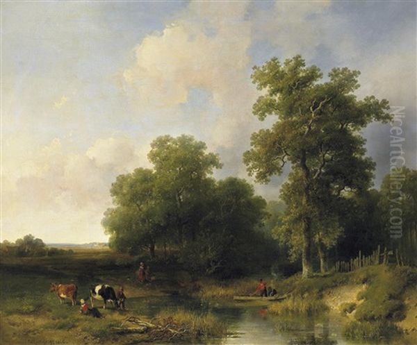 An Der Furt. Bauersleute Und Vieh Am Rande Eines Sommerlichen Waldes - view 1