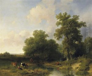 An Der Furt. Bauersleute Und Vieh Am Rande Eines Sommerlichen Waldes An Der Furt. Bauersleute Und Vieh Am Rande Eines Sommerlichen Waldes