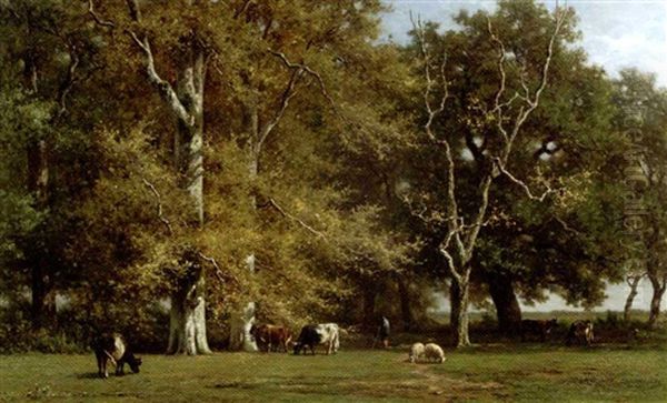 Interieur De Foret (souvenir De Fontainebleau): Cattle Grazing By Birch Trees, Fontainebleau - view 1