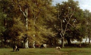 Interieur De Foret (souvenir De Fontainebleau): Cattle Grazing By Birch Trees, Fontainebleau by Willem Roelofs