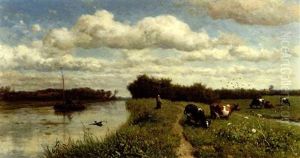 Canal Near Schiedam: Cows Grazing By A Canal by Willem Roelofs