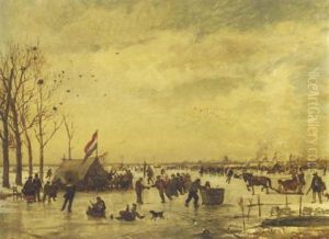 Hollandsch Ijsvermaak: A Populous Crowd Enjoying A Day On The Ice With Rotterdam In The Distance by Willem Roelofs