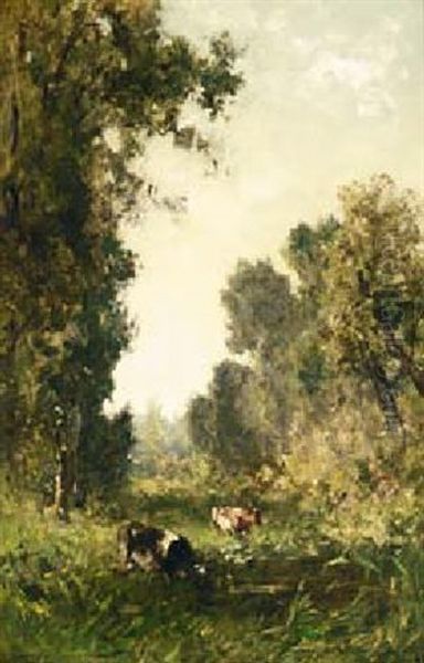 A Wooded Landscape With Watering Cows - view 1