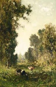 A Wooded Landscape With Watering Cows by Willem Roelofs