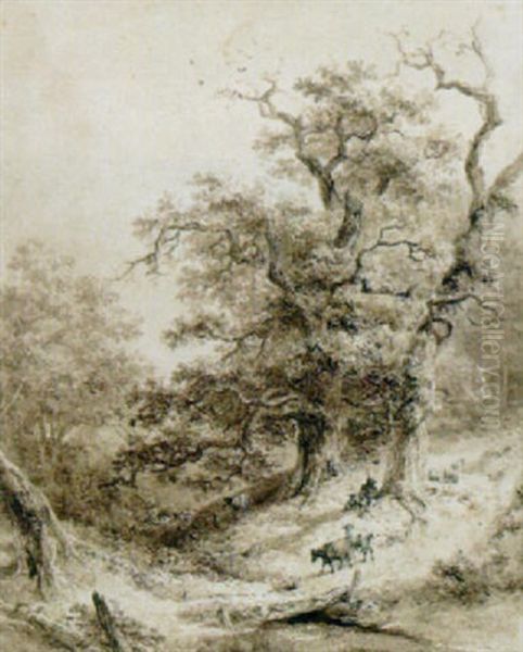 A Wooded Landscape With Cows And Herdsmen Near A Stream - view 1