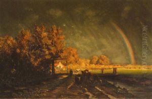 Dutch Farm Landscape With Figure, Cattle And Rainbow by Willem Roelofs