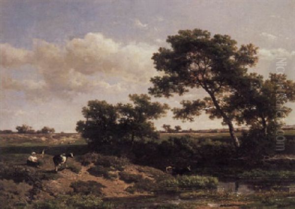 A Girl Herding Cows By A Pond - view 1