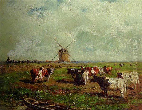 Cows In A Polder Landscape, A Train In The Distance - view 1