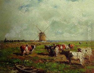 Cows In A Polder Landscape, A Train In The Distance