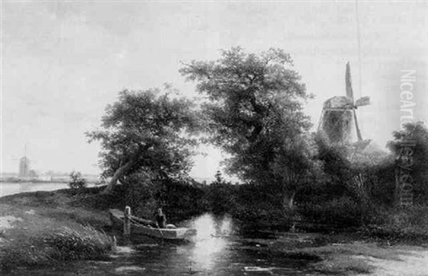 A Wooded River Landscape With An Angler In A Rowing-boat By A Wind-mill - view 1