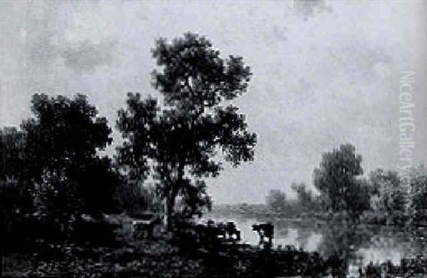Cows Watering, With A Herdsman Resting In The Shade - view 1