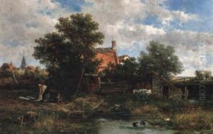 A Wooded Polder Landscape With A Peasantwoman And A Boy by Willem Roelofs